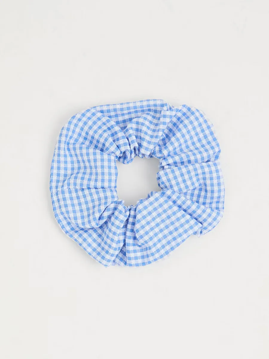 Blue Gingham Bucket Hat and Scrunchie Set