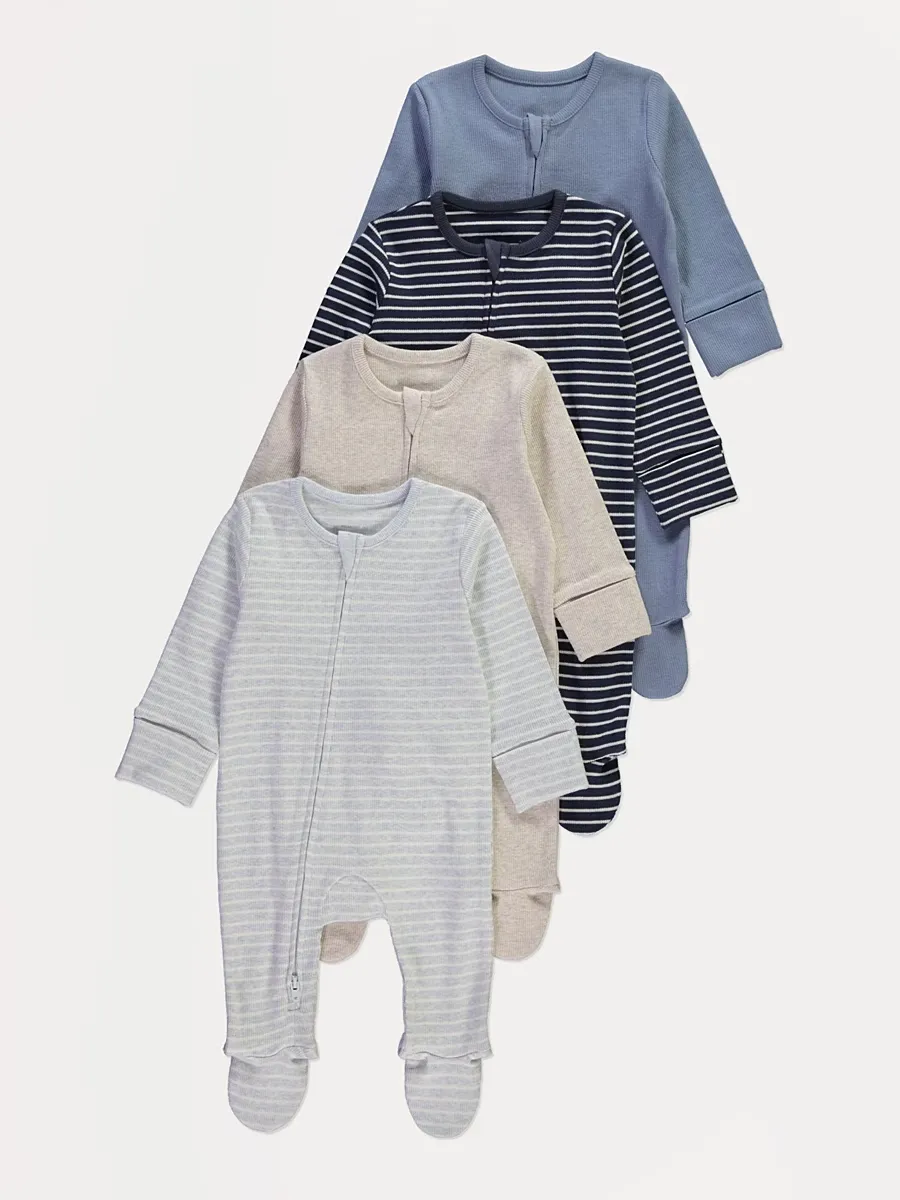 Blue Striped Zip Fasten Ribbed Sleepsuits 4 Pack