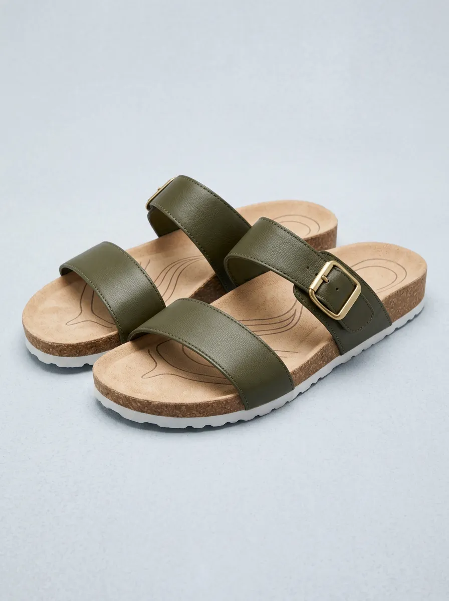 Women's Casual Olive Green Double Buckle Cork Footbed Sandals