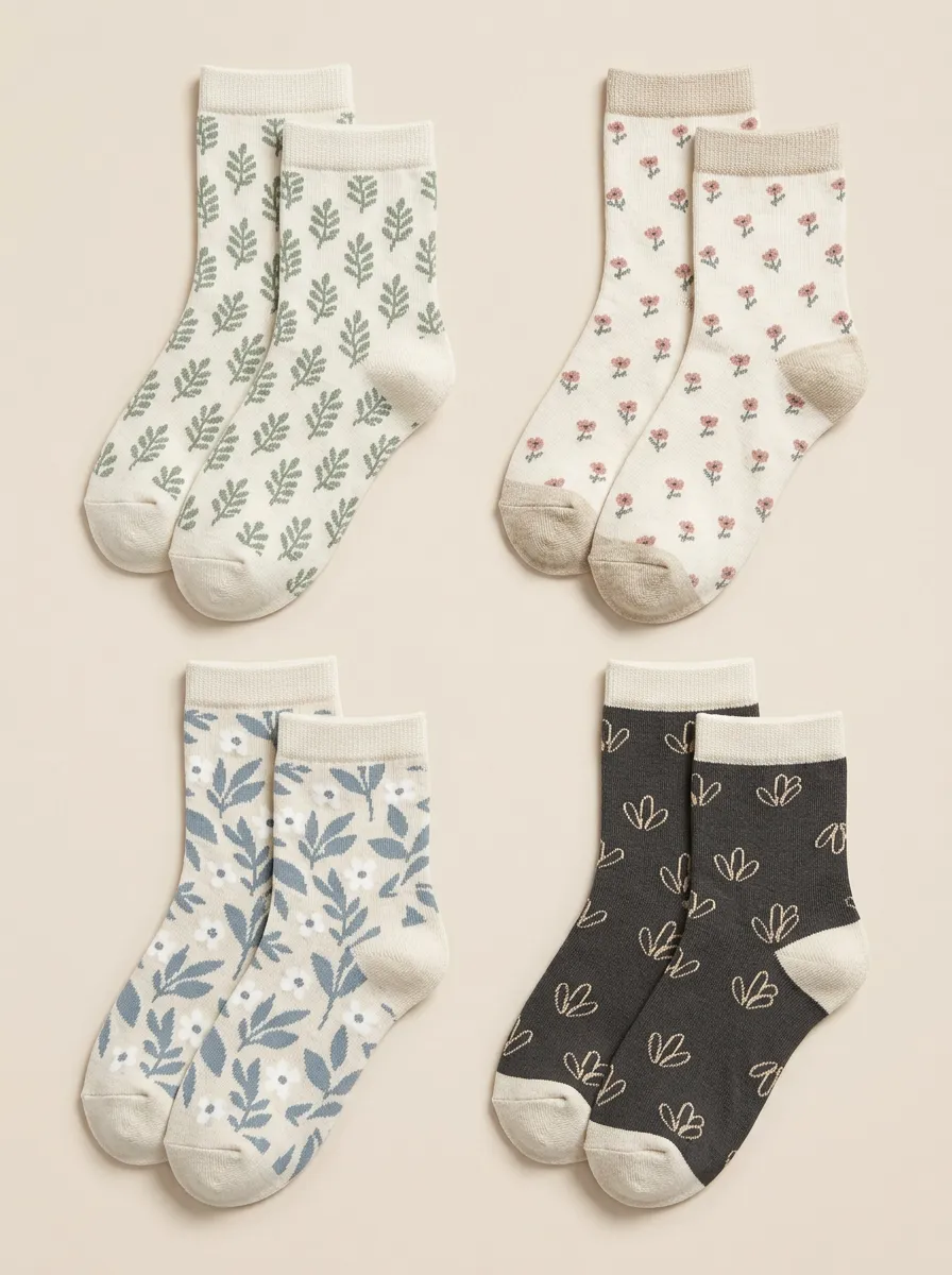 Women's Botanical Mid-Calf Crew Socks Four Pair Set