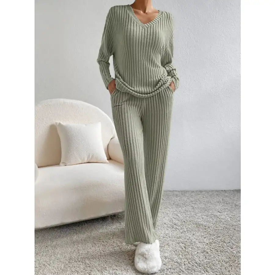 Classic Ribbed Knit Long Sleeve Top and Pants Set