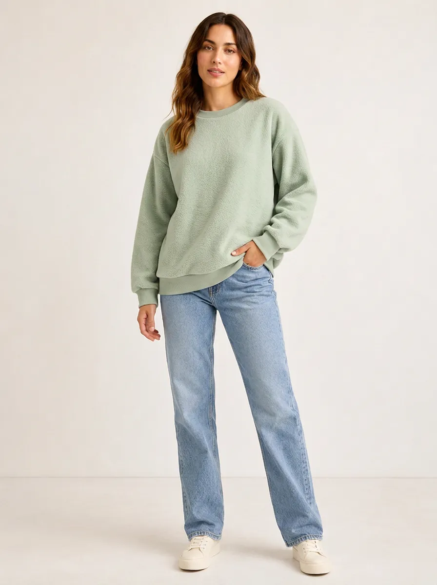 Women's Casual Sage Green Solid Fleece Pullover Sweatshirt