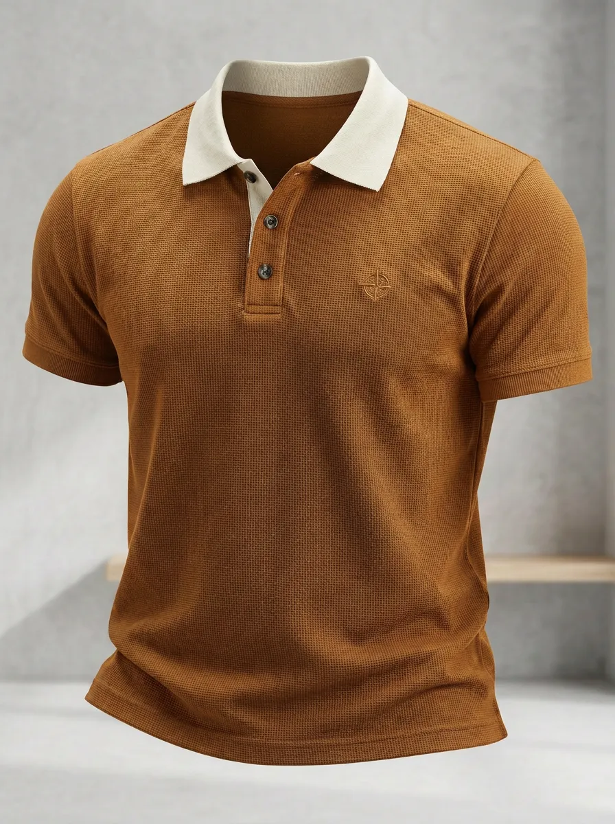 Waffle-Knit Compass-Detail Embroidered-Detail Men's Polo Shirt