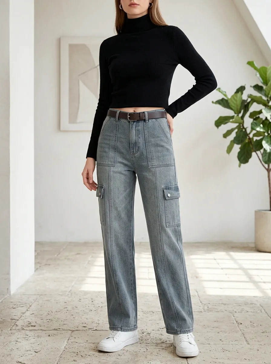 Women's Casual Streetwear Washed Denim Cargo Pants