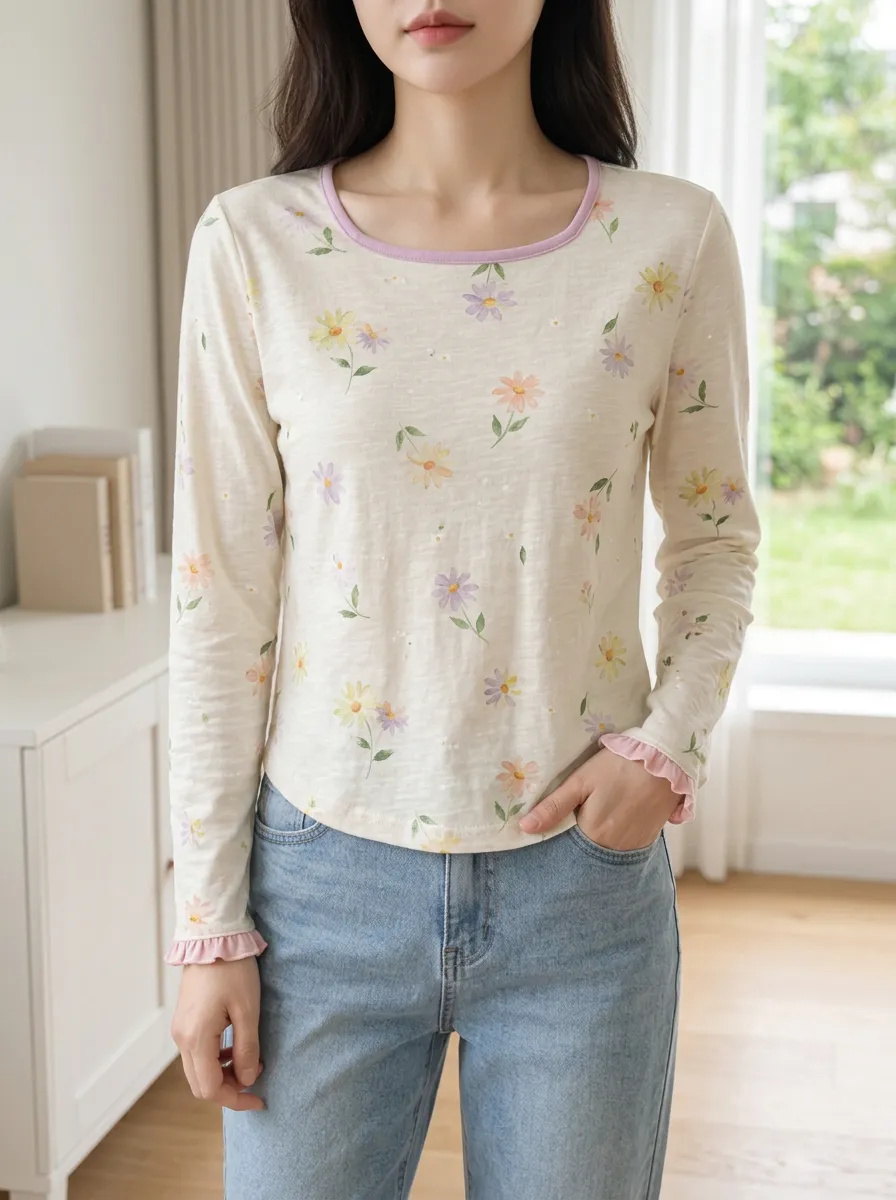 Women's Sweet Style Floral Daisy Printed Ruffle Trim Long Sleeve T-shirt