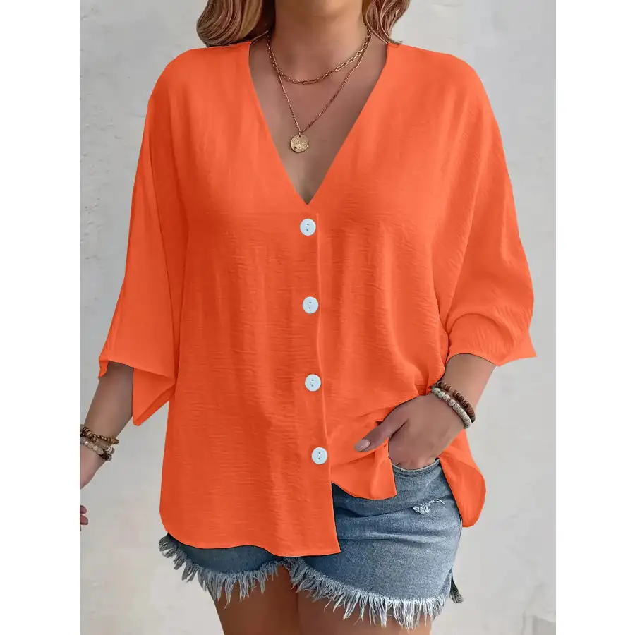 Full Size Casual V Neck Button Down Relaxed Fit Blouse Plus Size