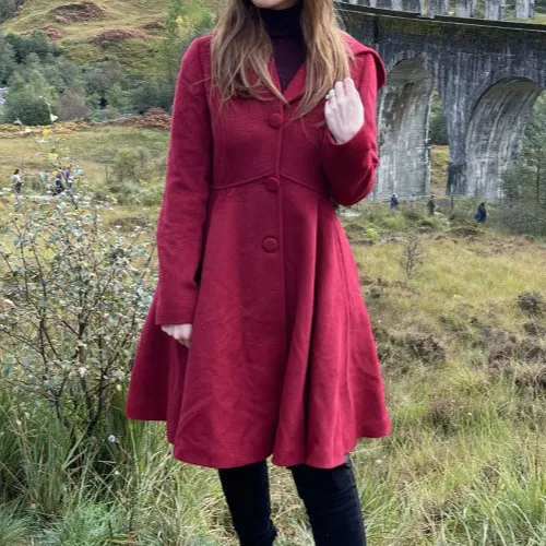 Classic Wool Blend Fit and Flare Hooded Pocketed Button Front Coat