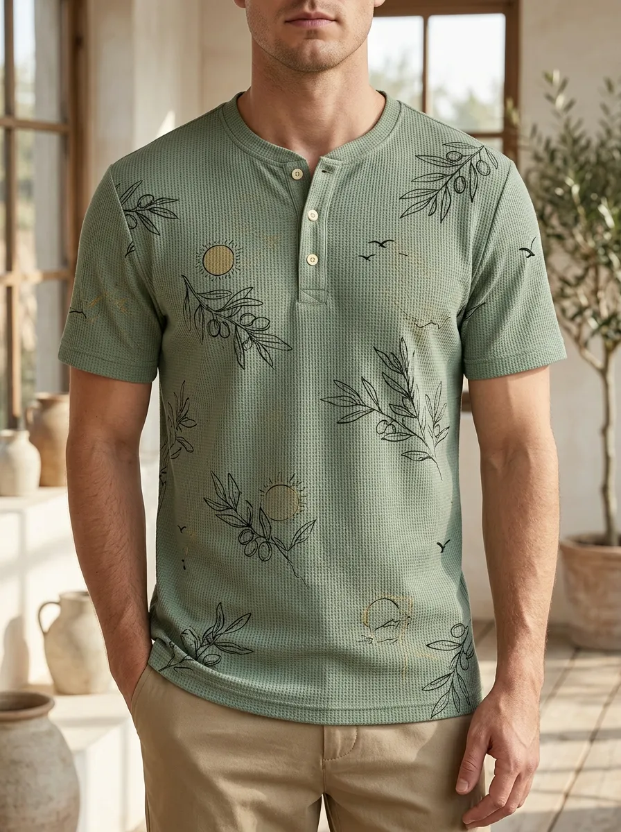 Men's Mediterranean Olive Branch Sun Printed Waffle Henley T-shirt