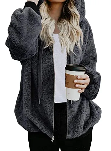Womens Full Zip Up Sherpa Hoodie Fuzzy Fleece Jacket Oversized Fluffy Coat with Pockets