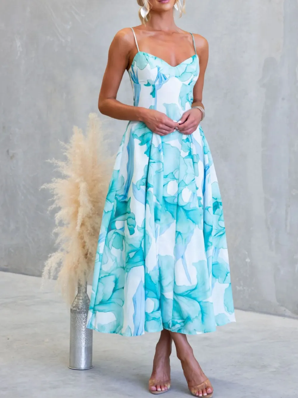 Simple Print Spaghetti Strap Midi Dress