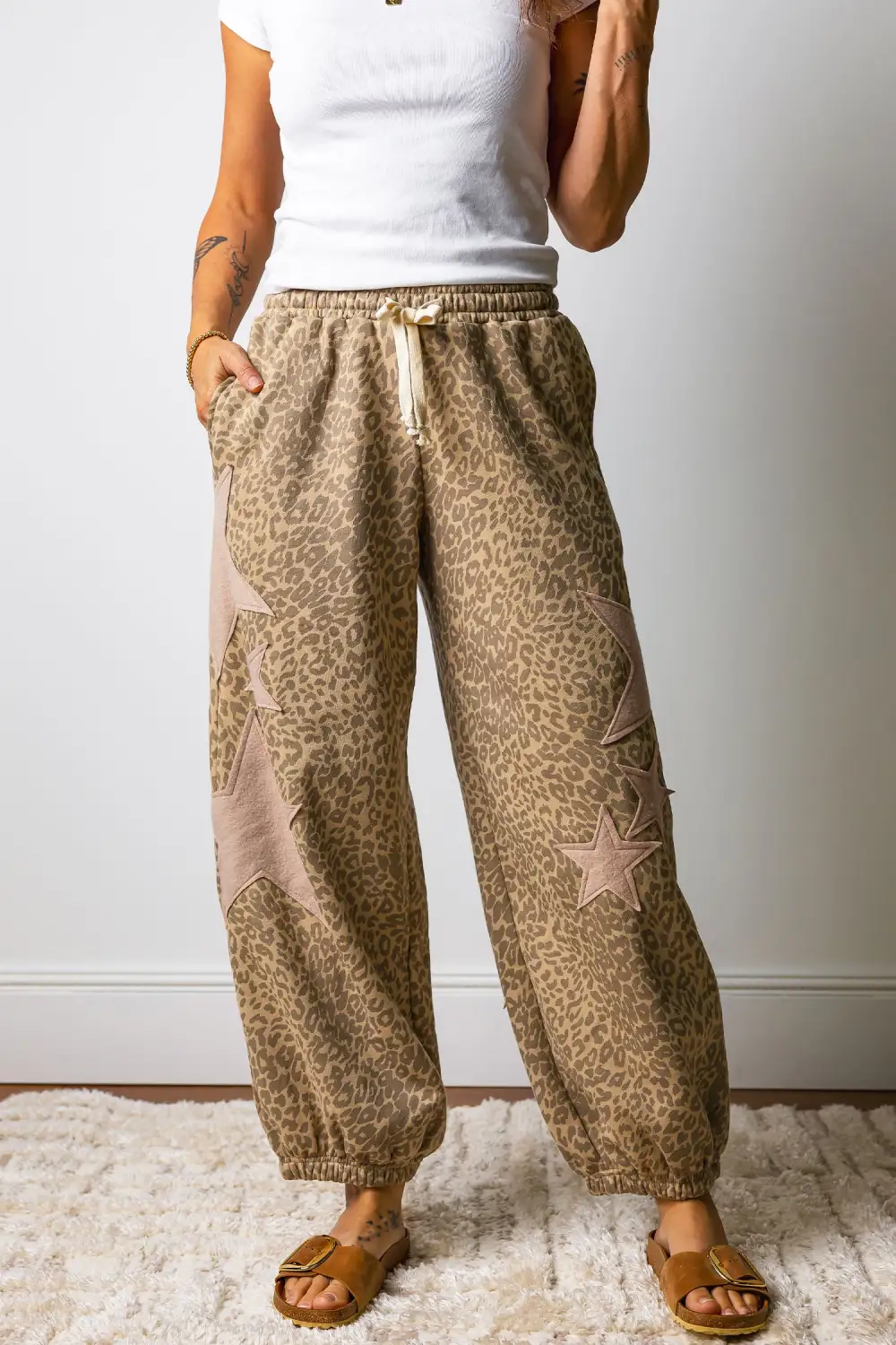 Leopard Print Star Patched Drawstring Elastic Waist Jogger Trousers