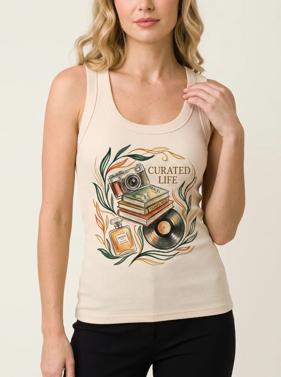 Women's Curated Life Camera Books Vinyl Graphic Tank Top