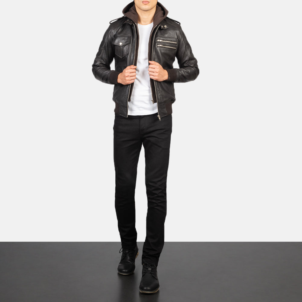 Men's Rugged Bomber Hooded Leather Jacket