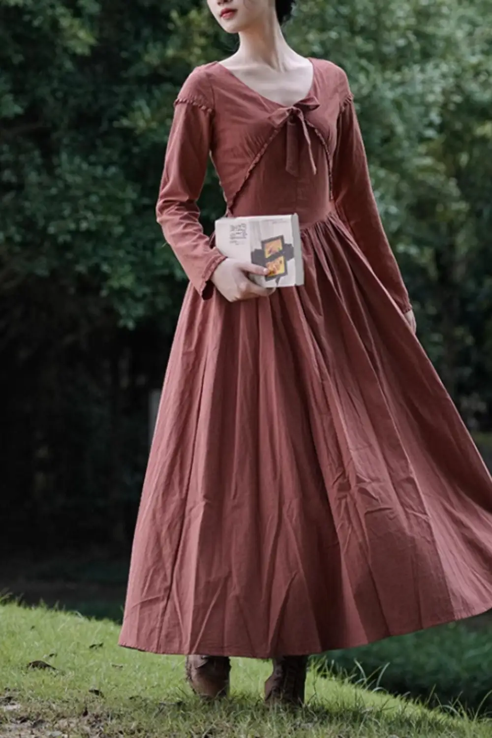Linen Cotton Ruffle Long Sleeve Midi Dress