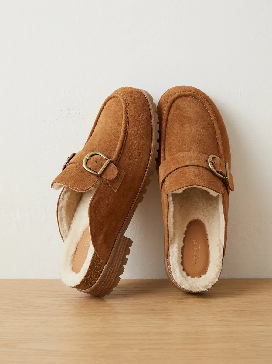 Women's Faux Fur Lined Buckle Detail Clog Style Winter Suede Wood Sole Loafers