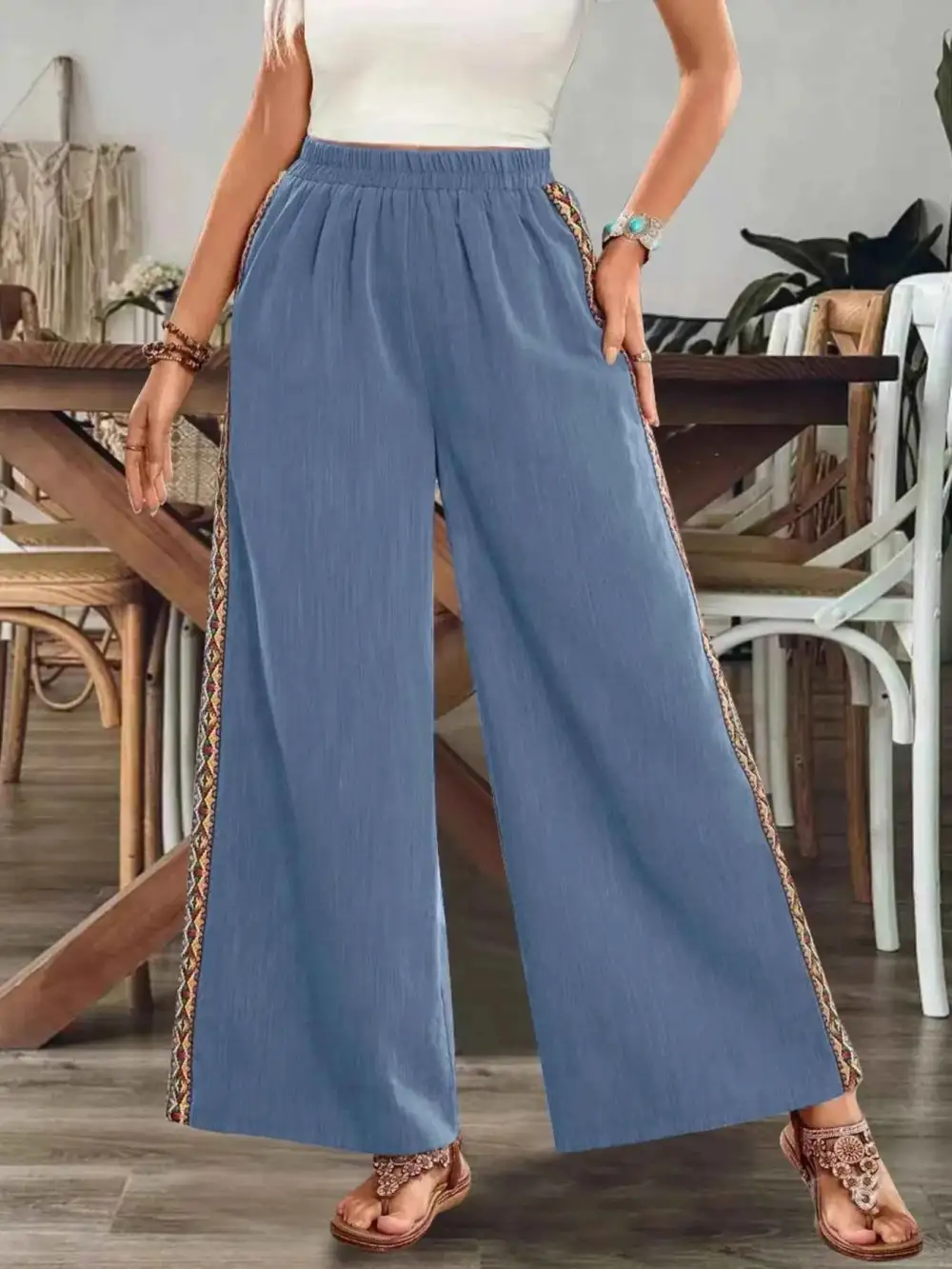 Bohemian Wide-Leg Embroidered Side Stripe Pants