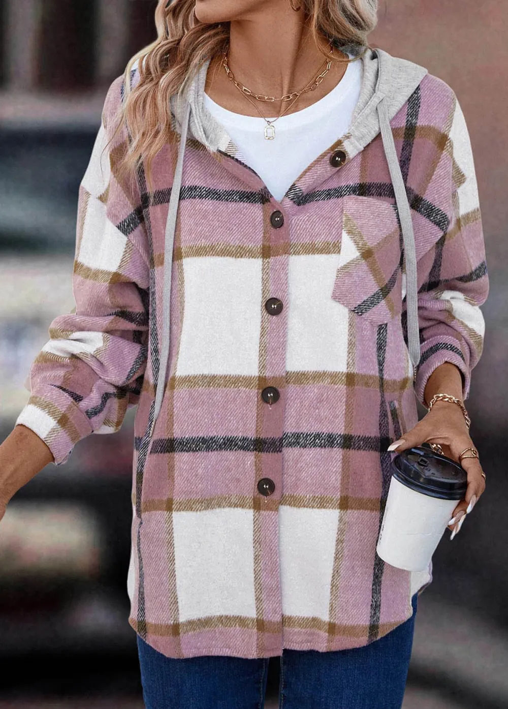 Pink Button Plaid Long Sleeve Hooded Coat