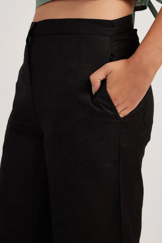 Black Linen Matching Set with Boat-Neck Top & Wide-Leg Pants