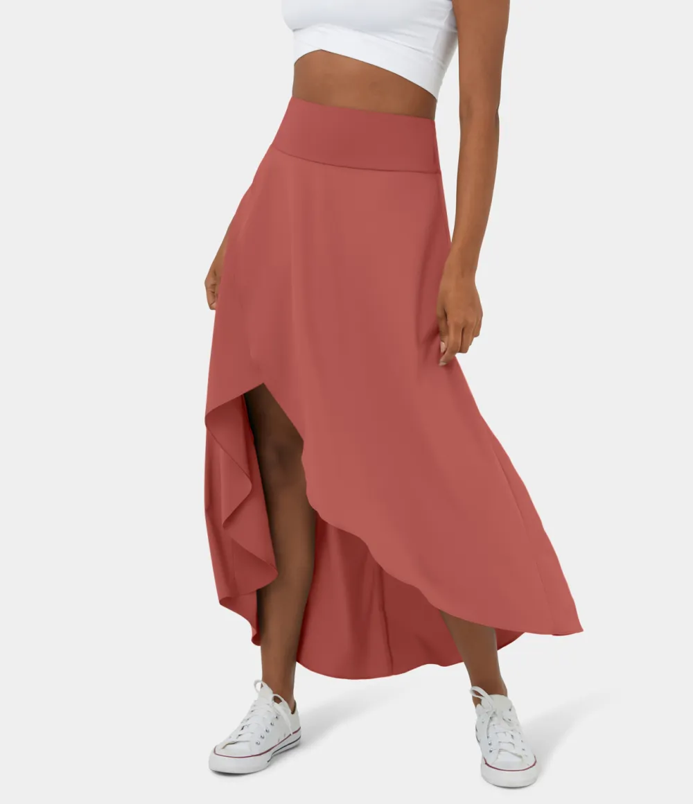 Breezeful High Waisted High Low Ruffle 2-in-1 Flowy Quick Dry Casual Regular Maxi Skirt