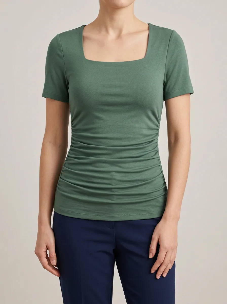 Ruched Square-Neck Waist-Ruched Ruched Fitted Top
