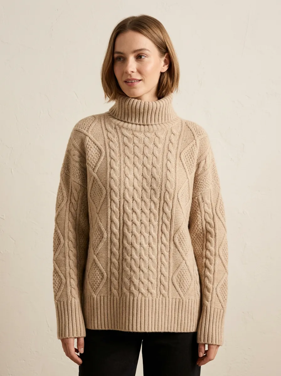 Women's Casual Winter Beige Cable Knit Patterned Turtleneck Sweater