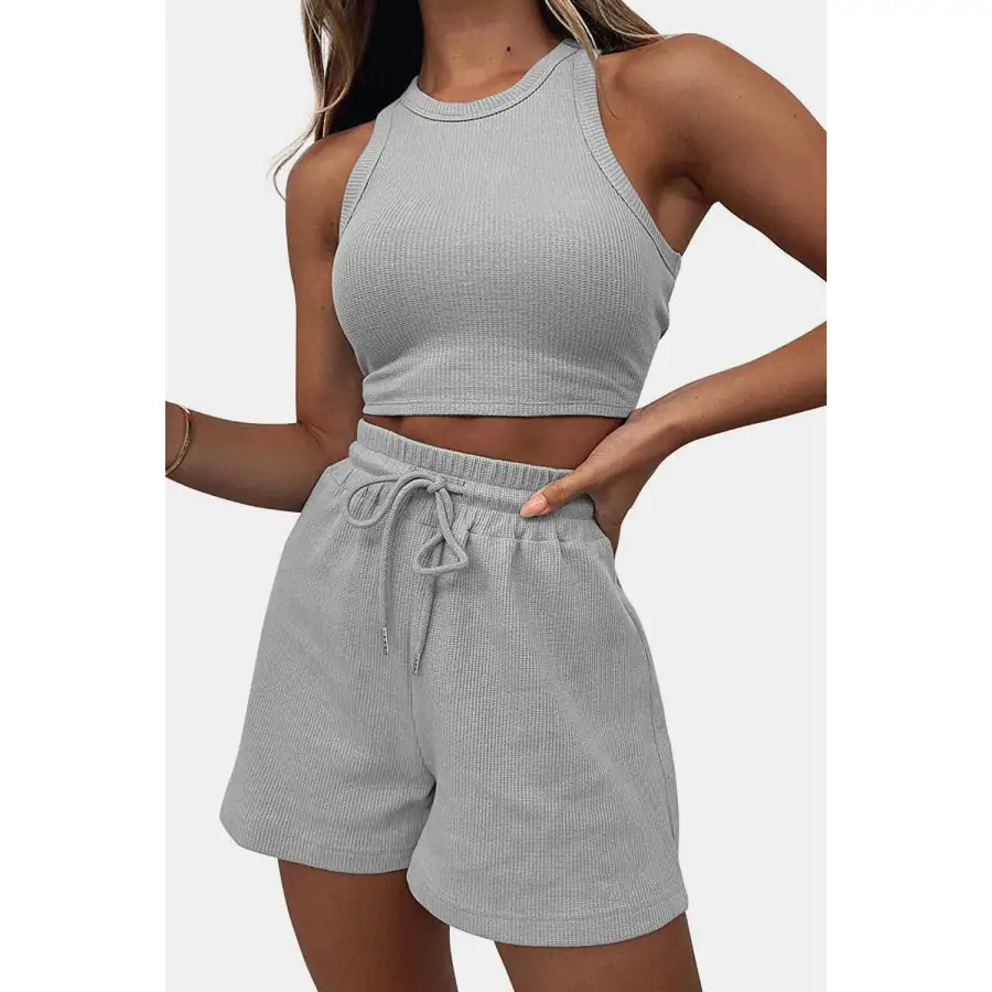 Relaxed Round Neck Top and Drawstring Shorts Set