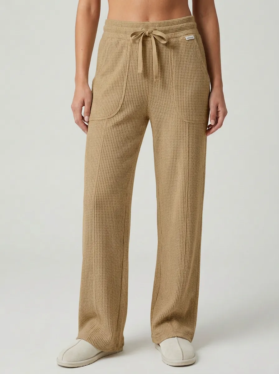 Women's Casual Lounge Waffle Knit Drawstring Wide Leg Pants