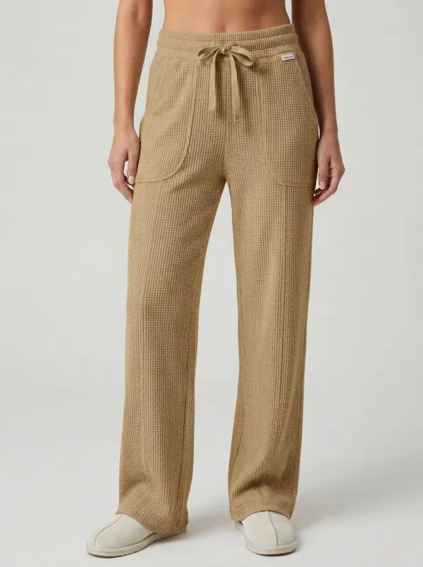 Women's Casual Lounge Waffle Knit Drawstring Wide Leg Pants