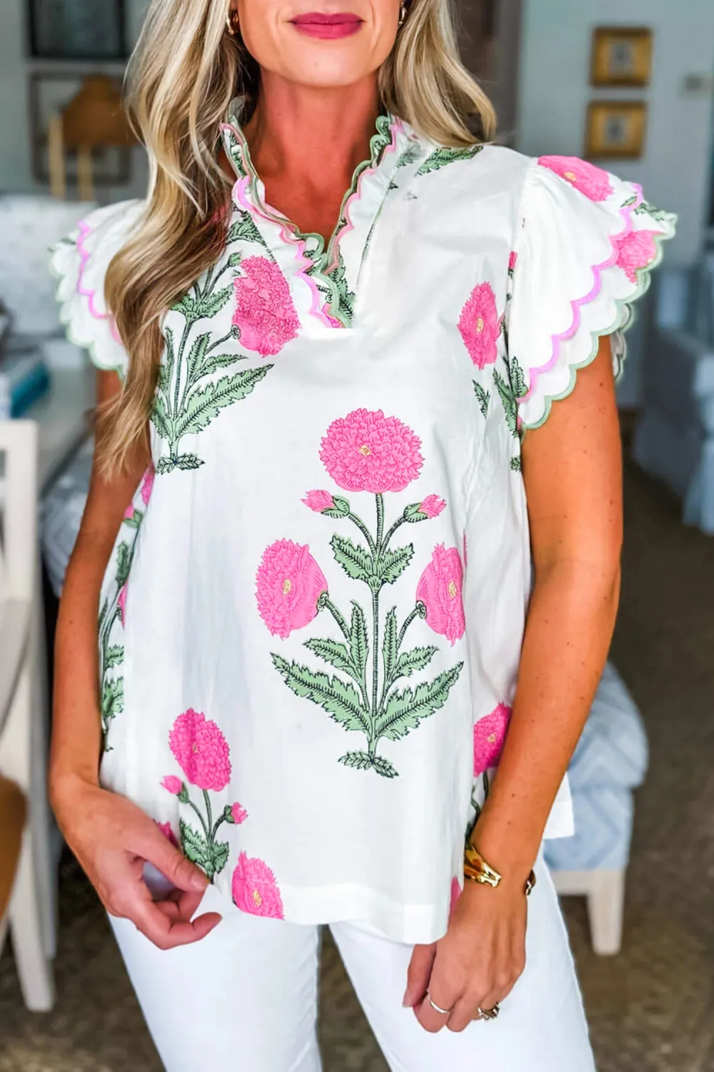Pink Wild Flower Print Contrast Blouse