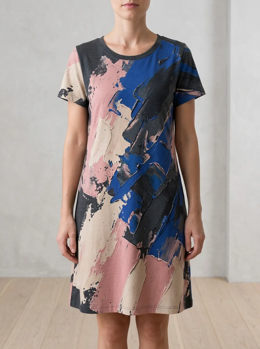 Women's Straight Abstract Print Crew Neck T-Shirt Dress