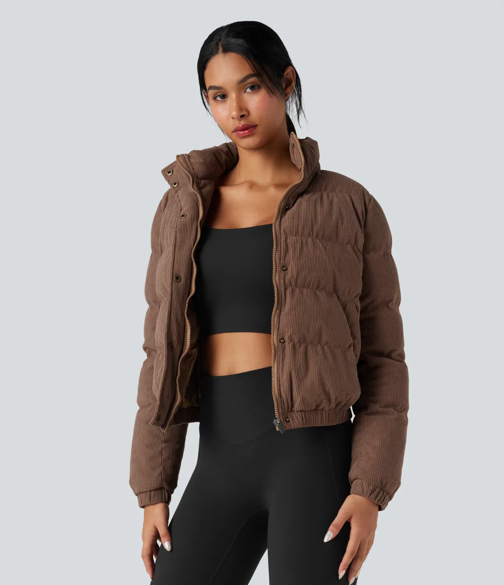 Stand Collar Corduroy Casual Puffer Jacket with Pockets