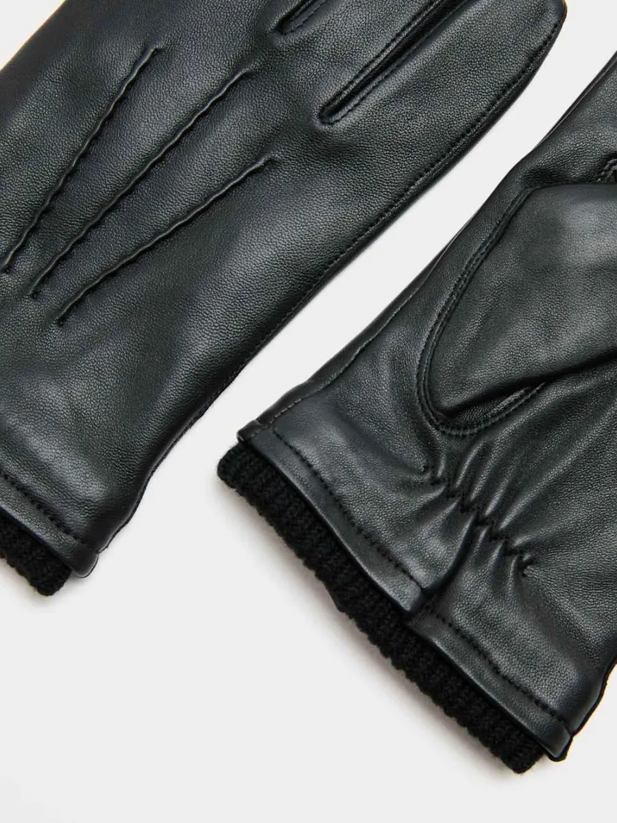 Leather Knit Cuff Gloves