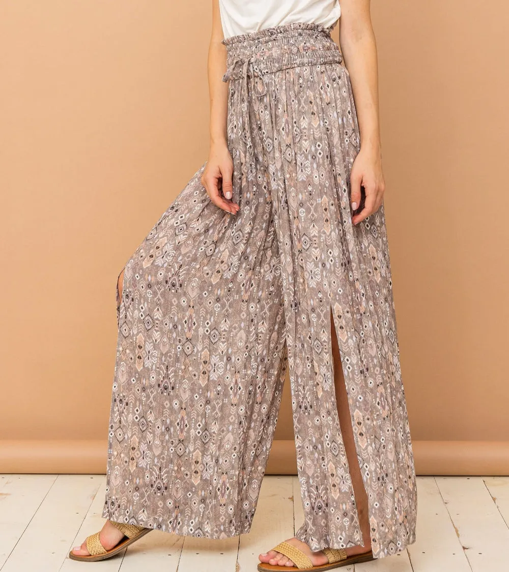 Printed Smocked Waist Slit Wide Leg Pants