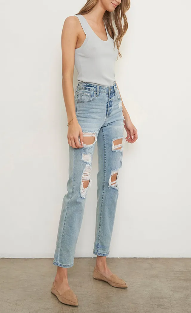 Asymmetric Ripped Mid Rise Boyfriend Jeans