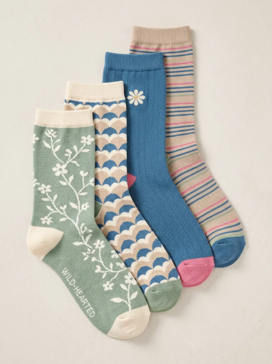 Vintage Inspired Geometric Floral Striped Four-Pair Casual Socks