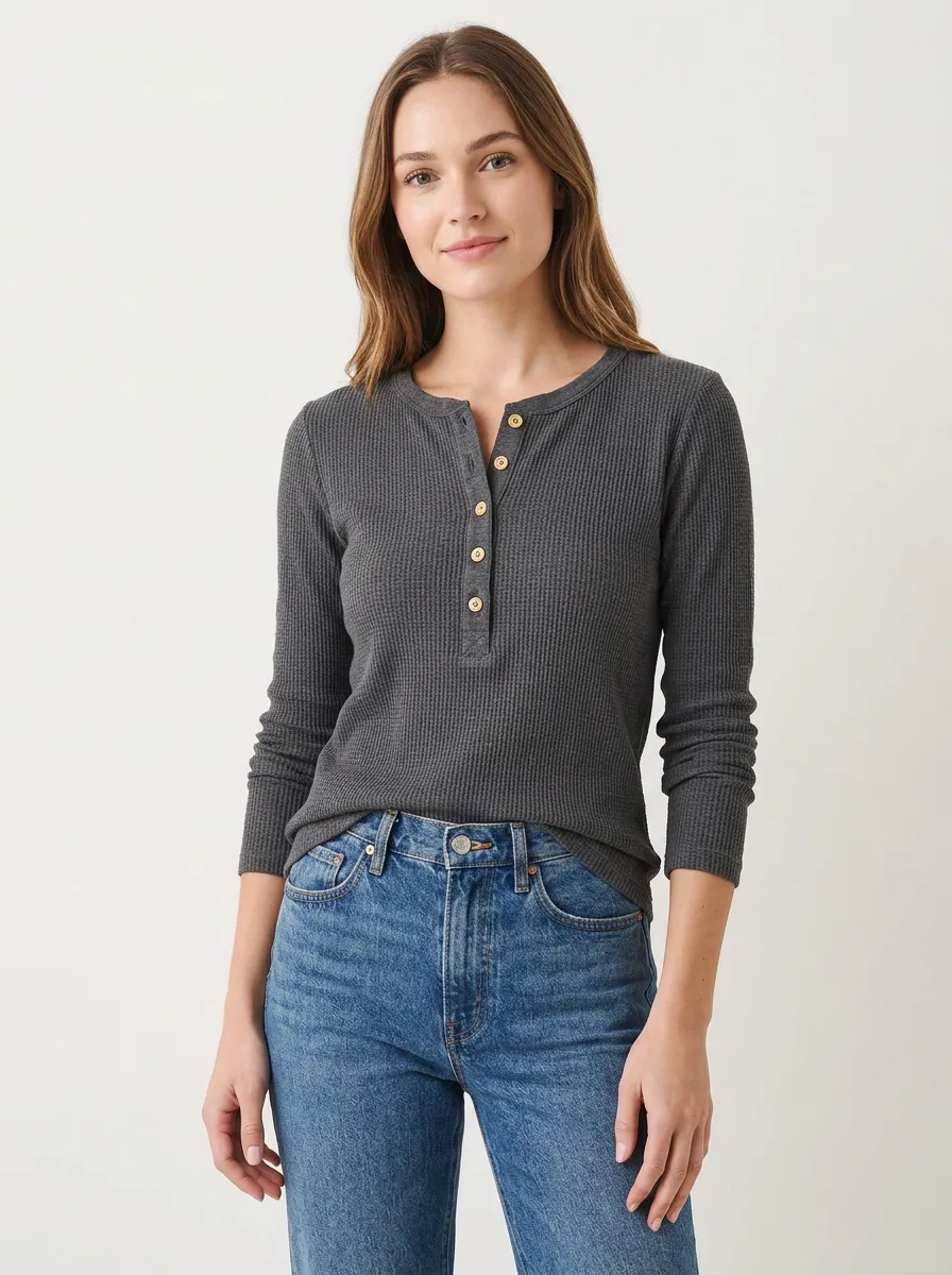 Women's Casual Basic Charcoal Waffle Knit Buttoned Henley Shirt