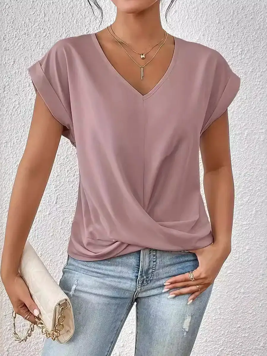 Relaxed Curve Fit Pleat Detail V-Neck Polyester T-Shirt