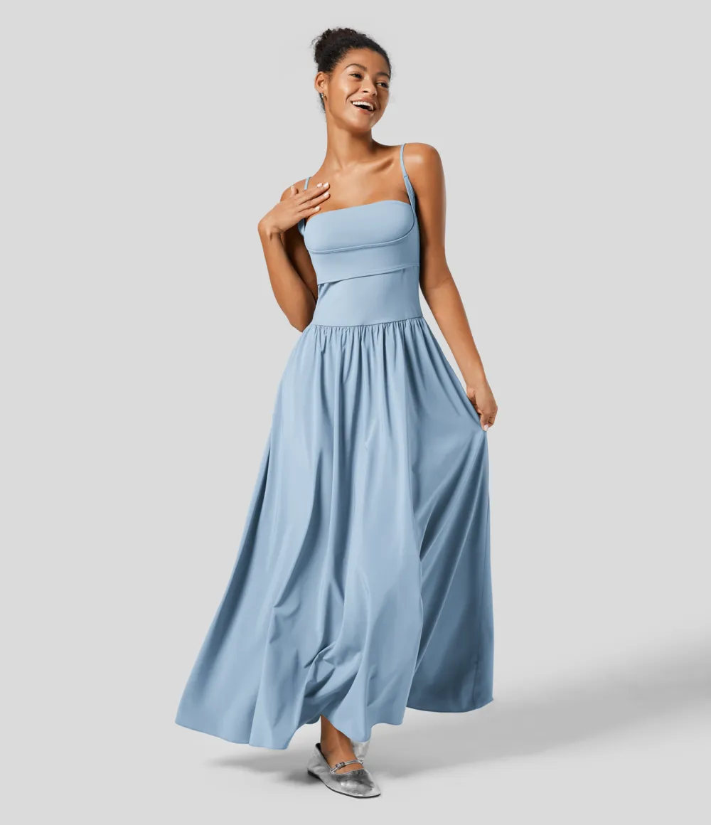 Breezeful Backless Side Pocket Plicated Flowy Flare Maxi Quick Dry Casual Slip Dress