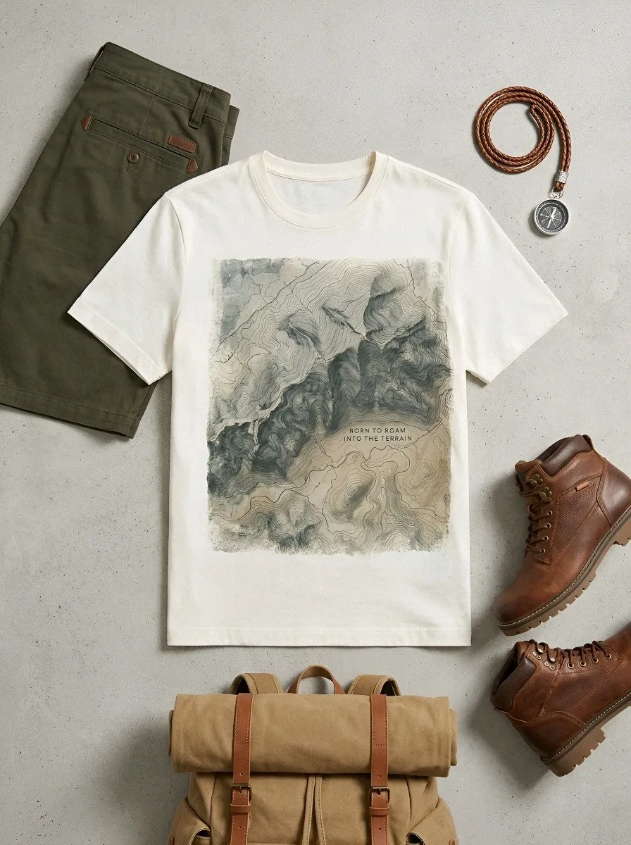 Men's Hiking Lover Topographic Map Born To Roam Printed T-shirt