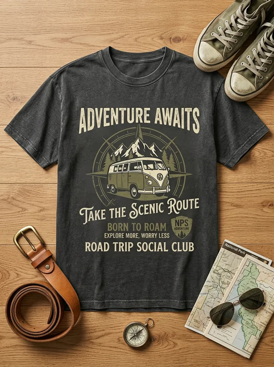 Unisex Road Trip Adventure Camper Van Printed T-shirt