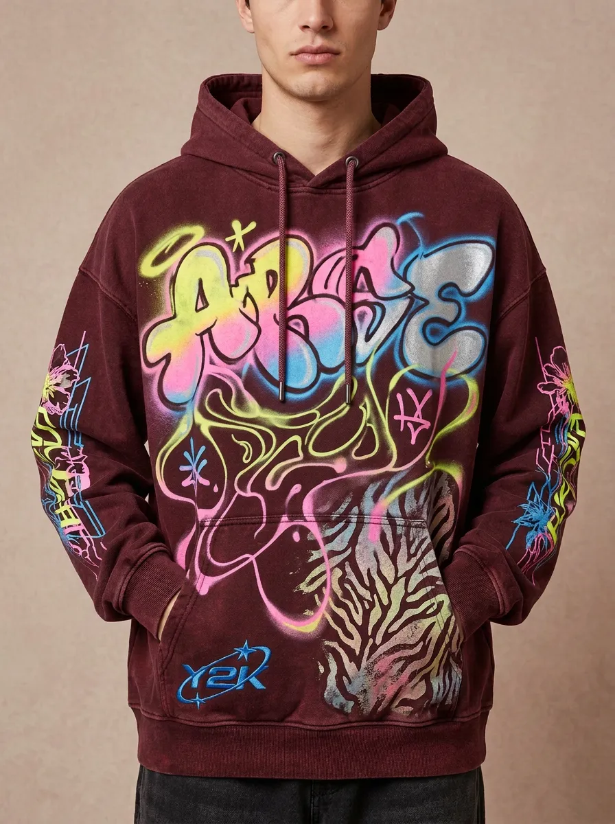 Unisex Streetwear Y2K Graffiti Neon Airbrush Graphic Hoodie