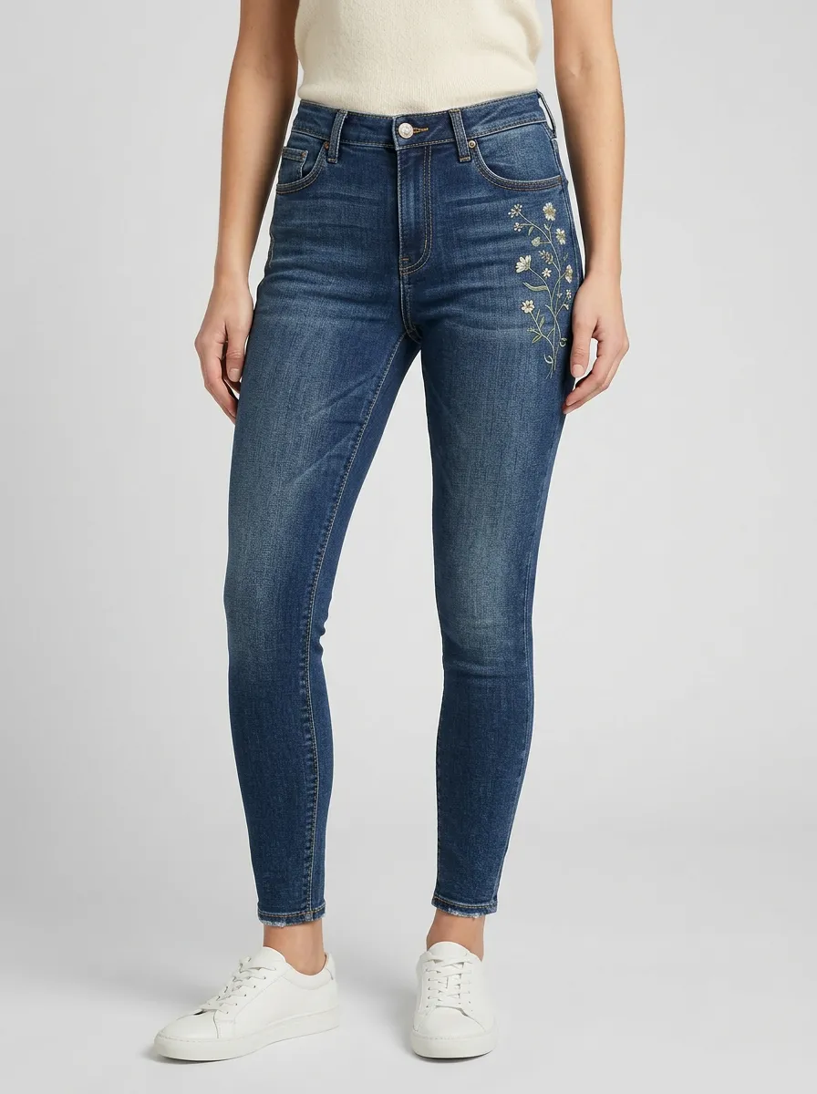 Women's Floral White Flower Embroidered Graphic Slim Jeans