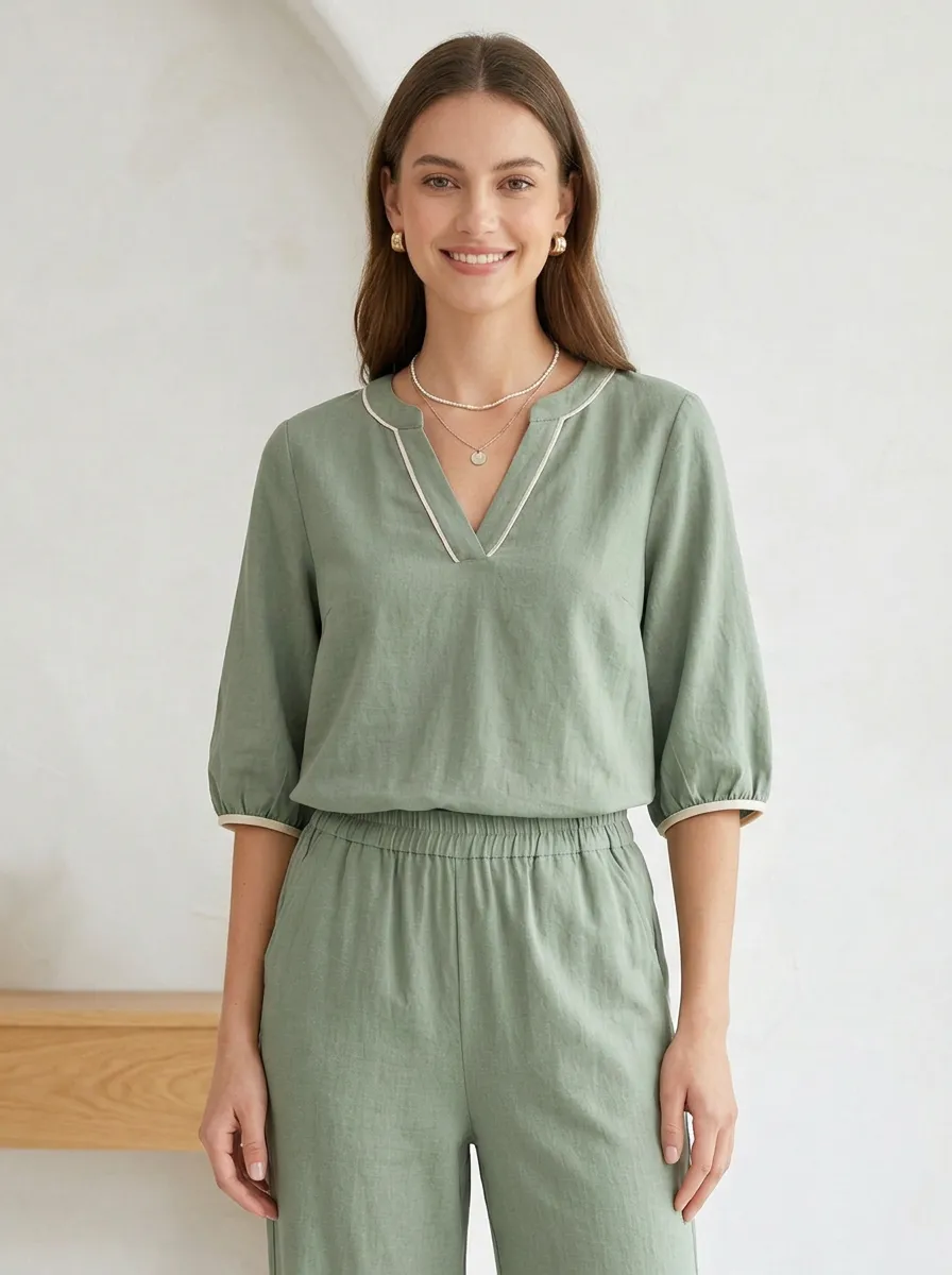Short-Sleeve Contrast-Trim Women's V-Neck Blouse