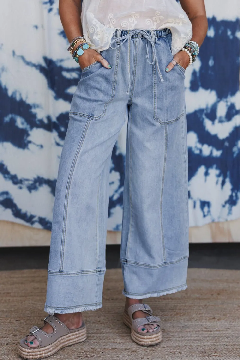Drawstring Relaxed Fit Wide Leg Raw Hem Casual Jeans
