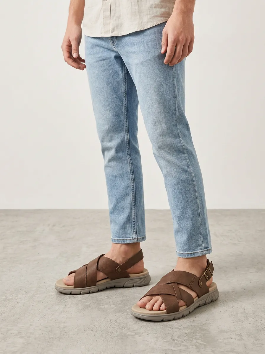 Men's Brown Faux Leather Crisscross Strap Casual Sandals