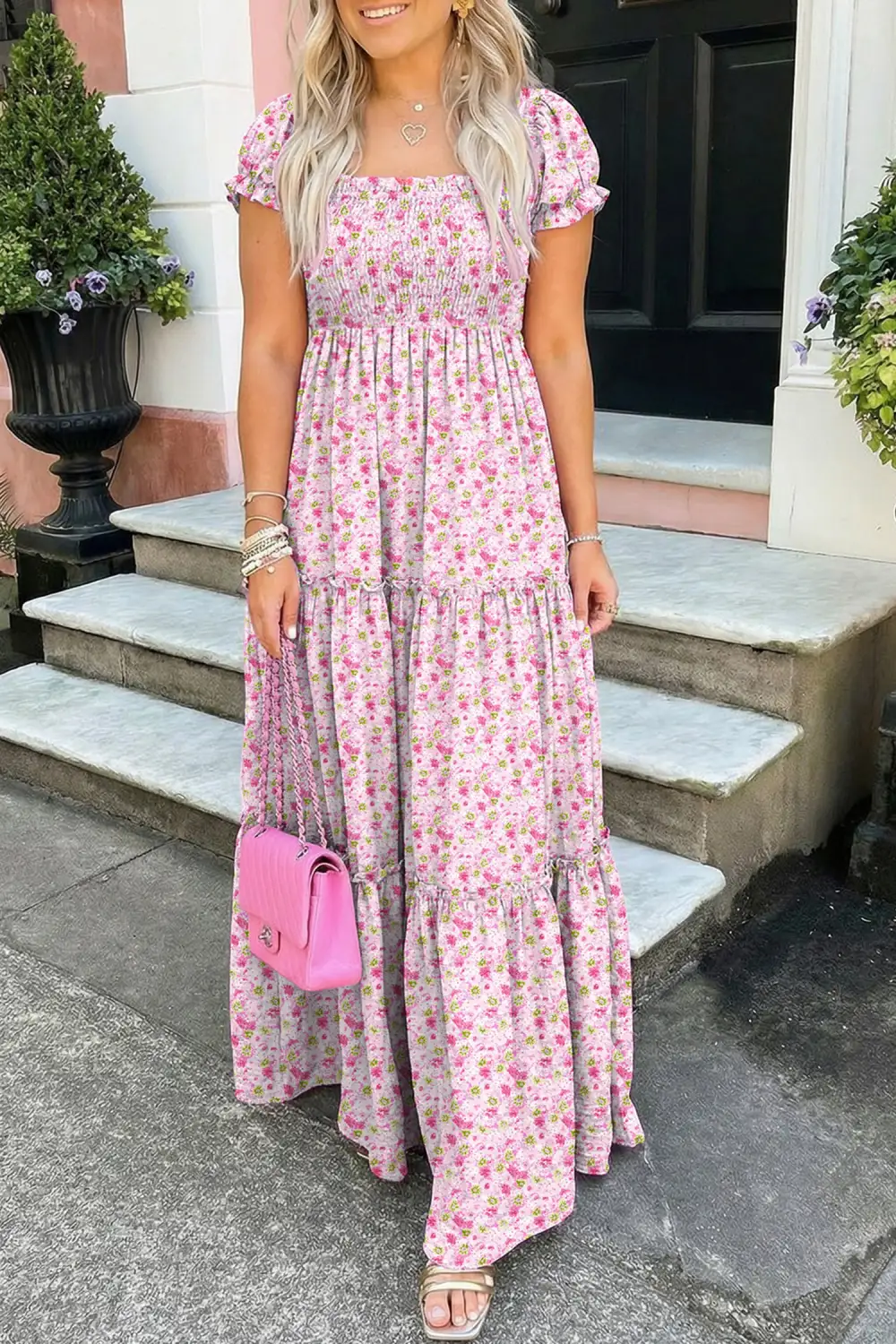 Classic Floral Short Bubble Sleeve Shirred High Waist Maxi Dress