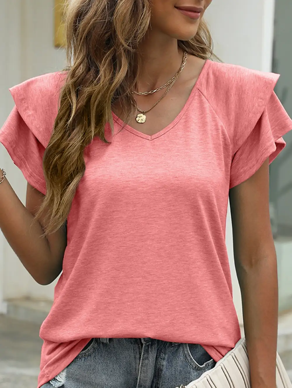 V Neck Double Layer Ruffle Sleeve Tank Top