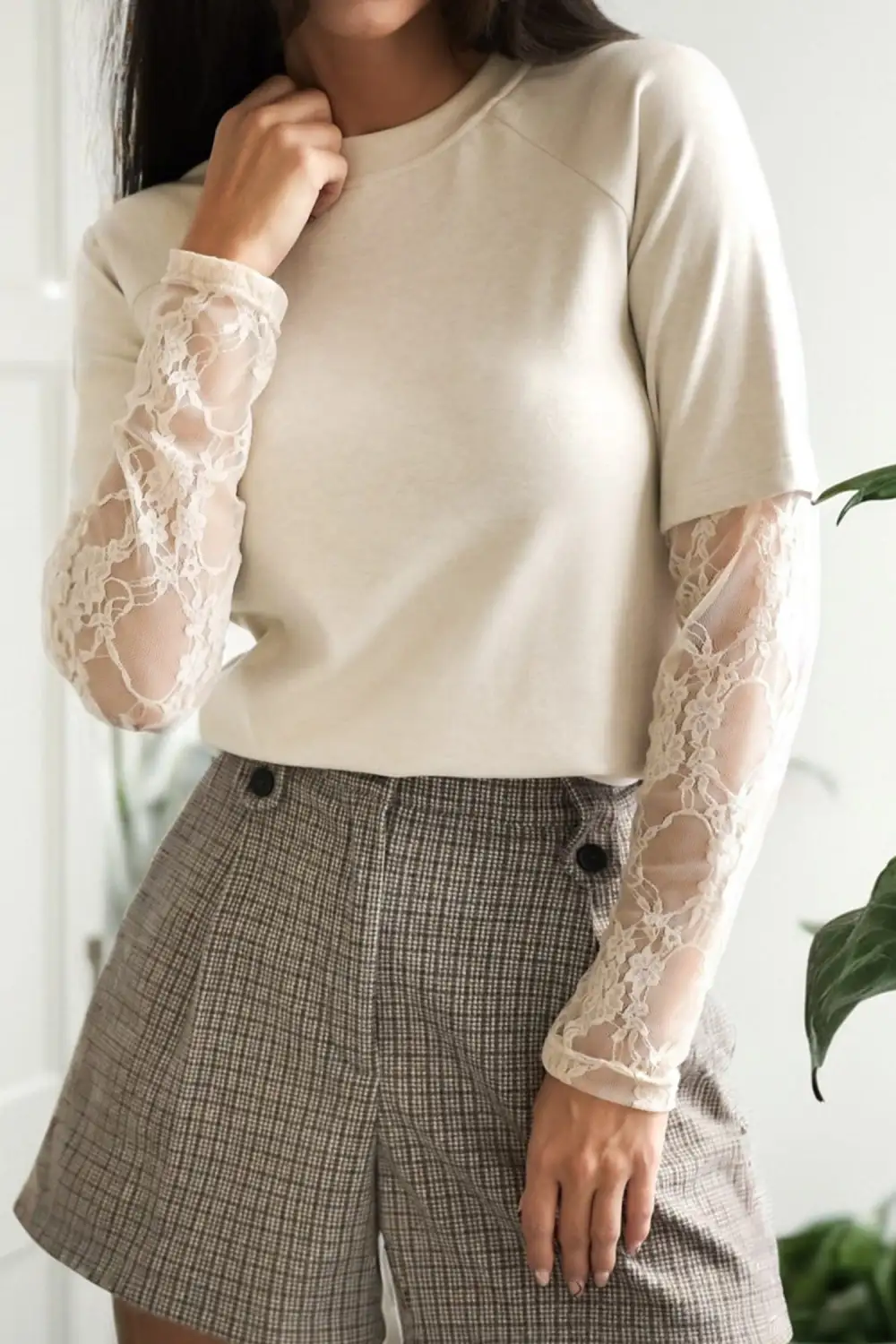 Women's Solid Lace Long Sleeve T-Shirt
