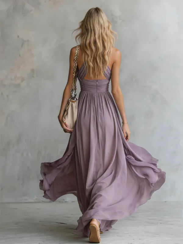 Ruched Halter Neck Flowing Maxi Dress