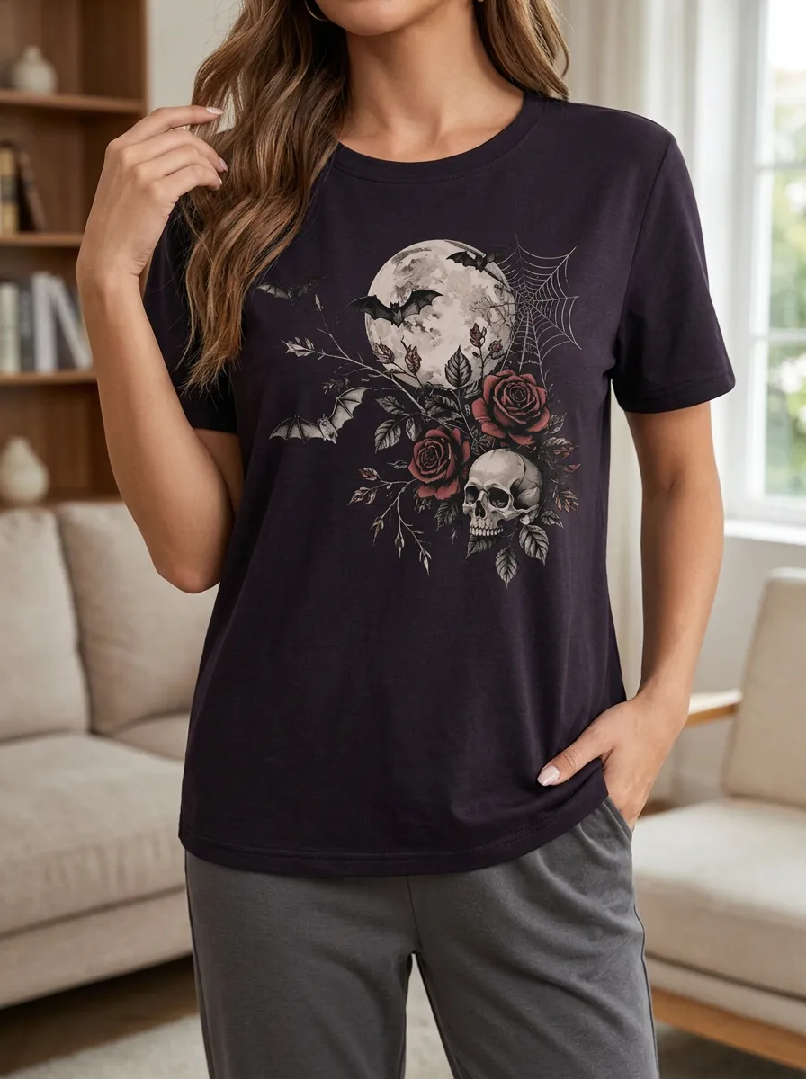 Women's Halloween Gothic Skull Rose Moon Bat Crew Neck Graphic T-Shirt